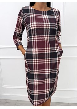 Bordowa Prosta Sukienka w Kratę ze sklepu ModnaKiecka.pl w kategorii Sukienki - zdjęcie 187492178