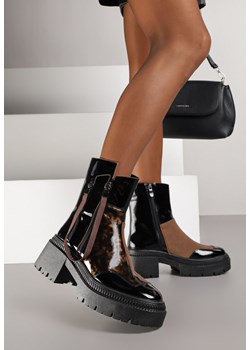 Brązowe Lakierowane Botki Vices z Ozdobną Tasiemką Rivavie ze sklepu born2be.pl w kategorii Botki - zdjęcie 187492758