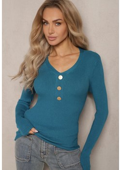 Niebieski Prążkowany Sweter z Bawełną i Guzikami Mirisia ze sklepu renee.pl w kategorii Swetry damskie - zdjęcie 187514508