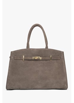 Estro: Elegancka szarobeżowa torebka typu tote z włoskiego weluru naturalnego Premium ze sklepu Estro w kategorii Kuferki - zdjęcie 187518649