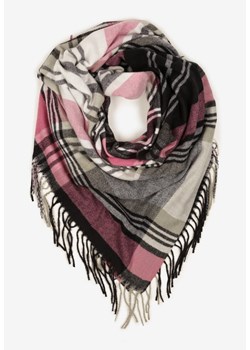 Szaro-Różowy Kraciasty Szalik z Wiskozy i Bawełny z Frędzlami Relavis ze sklepu renee.pl w kategorii Szaliki i chusty damskie - zdjęcie 187521608