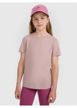 Dziewczęcy t-shirt bez nadruku 4F 4FJRAW25TTSHF3233 - beżowy ze sklepu Sportstylestory.com w kategorii Bluzki dziewczęce - zdjęcie 187528578