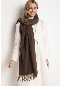 Ciemnobrązowy Szalik z Bawełną i Wiskozą Ozdobiony Frędzlami Siadortia ze sklepu born2be.pl w kategorii Szaliki i chusty damskie - zdjęcie 187529308