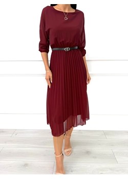 Burgundowa Plisowana Sukienka z Paskiem ze sklepu ModnaKiecka.pl w kategorii Sukienki - zdjęcie 187536106