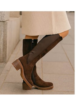 Czekoladowe ocieplane kozaki oficerki /F10-1 18497 T789/ ze sklepu Pantofelek24.pl w kategorii Kozaki damskie - zdjęcie 187537738