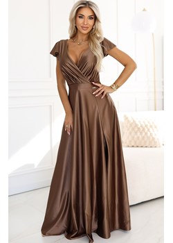 Satynowa długa suknia z dekoltem mokka 411-14 CRYSTAL, Kolor mokka, Rozmiar L, Numoco ze sklepu Primodo w kategorii Sukienki - zdjęcie 187538547