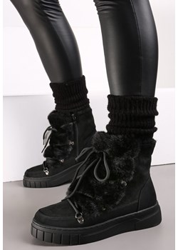 Czarne Śniegowce Ozdobione Futerkiem Przy Sznurowaniu Avionea ze sklepu born2be.pl w kategorii Śniegowce damskie - zdjęcie 187541899