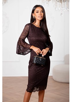 SUKIENKA KORONKOWA Z RĘKAWEM Z FALBANKA- CZEKOLADOWA ze sklepu olika.com.pl w kategorii Sukienki - zdjęcie 187548958