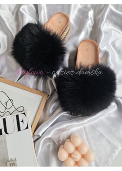 klapki jenotki z naturalnym mega futrem jenot lis z dżetami produkt polski  - czarne ze sklepu STYLOWO w kategorii Klapki damskie - zdjęcie 187563845