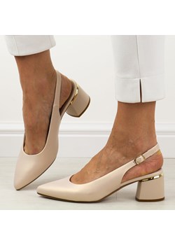 Beżowe czółenka damskie na obcasie bez pięty Sergio Leone sk175 ze sklepu suzana.pl w kategorii Czółenka - zdjęcie 187574605