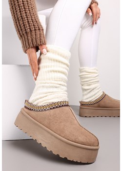 Ciemnobeżowe Śniegowce z Krótką Cholewką na Platformie z Ozdobną Lamówką Rivella ze sklepu born2be.pl w kategorii Śniegowce damskie - zdjęcie 187582386