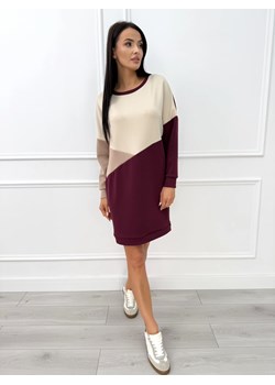Bordowo-Beżowa Bawełniana Sukienka ze sklepu ModnaKiecka.pl w kategorii Sukienki - zdjęcie 187592065