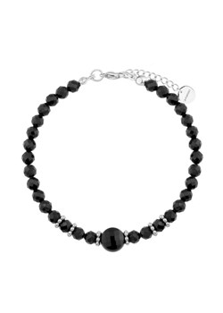 Damska bransoletka z czarnymi kulkami i monetą z turmalinu srebrna ze stali szlachetnej ze sklepu manoki.pl w kategorii Bransoletki - zdjęcie 187618836