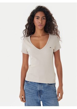Tommy Jeans T-Shirt Essential DW0DW17385 Beżowy Slim Fit ze sklepu MODIVO w kategorii Bluzki damskie - zdjęcie 187620596