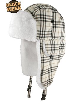 Biało-Beżowa Gruba Zimowa Męska Czapka, Ciepła -ASPEN- z Nausznikami i Futerkiem w Kratkę CPAASPENUSZYbiala ze sklepu JegoSzafa.pl w kategorii Czapki zimowe męskie - zdjęcie 187630947