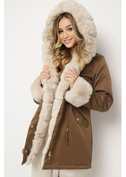 zimowa parka winter z futrzanym kołnierzem kapturem - brązowa z beżowym futrem ze sklepu STYLOWO w kategorii Futra damskie - zdjęcie 187631009