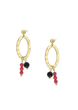 Czerwony koral i turmalin młotkowane złote kolczyki wiszące z kamieniami ze sklepu manoki.pl w kategorii Kolczyki - zdjęcie 187640697
