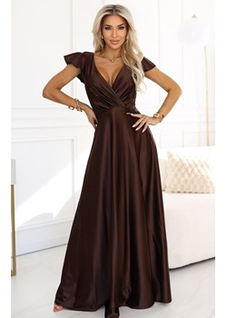 Satynowa długa suknia z dekoltem czekoladowa 411-15 CRYSTAL, Kolor czekoladowy, Rozmiar L, Numoco ze sklepu Primodo w kategorii Sukienki - zdjęcie 187642516