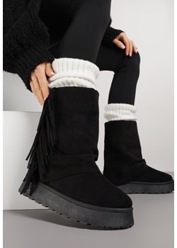 Czarne Botki w Stylu Śniegowców z Frędzlami i Cholewką Imitującą Nogawkę Sierafera ze sklepu born2be.pl w kategorii Śniegowce damskie - zdjęcie 187648097