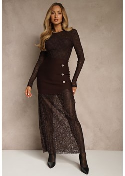 Brązowa Spódnica z Dzianiny z Wiskozą z Koronkowym Dołem Zdobiona Guzikami Sewune ze sklepu renee.pl w kategorii Spódnice - zdjęcie 187648135