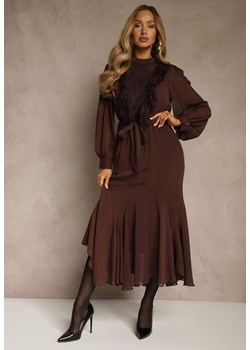 Brązowa Romantyczna Sukienka z Bufiastymi Rękawami i Falbanką z Koronki Sewmira ze sklepu renee.pl w kategorii Sukienki - zdjęcie 187648145