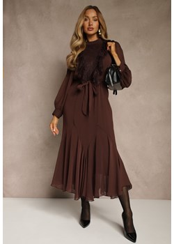 Brązowa Romantyczna Sukienka z Bufiastymi Rękawami i Falbanką z Koronki Sewmira ze sklepu renee.pl w kategorii Sukienki - zdjęcie 187648146