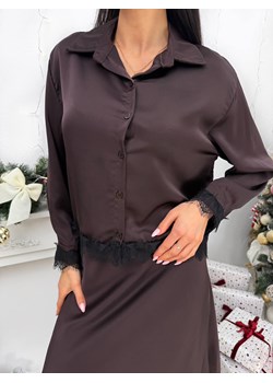 Czekoladowa Satynowa Koszula z Koronką ze sklepu ModnaKiecka.pl w kategorii Koszule damskie - zdjęcie 187651897