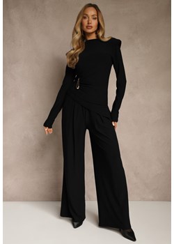 Czarny Elegancki Komplet Spodnie Wide Leg i Bluzka z Poduszkami w Ramionach Sewinea ze sklepu renee.pl w kategorii Komplety i garnitury damskie - zdjęcie 187667368