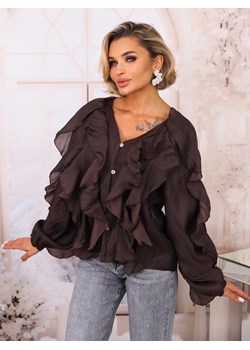 KOSZULA Z FALBANAMI ZAPINANA NA GUZIKI- CZEKOLADOWA ze sklepu olika.com.pl w kategorii Koszule damskie - zdjęcie 187677578