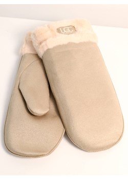 RĘKAWICZKI ZAMSZOWE Z FUTRZANYM ŚCIAGACZEM Z JEDNYM PALCEM Z LOGIEM LGC- BEŻOWE ze sklepu olika.com.pl w kategorii Rękawiczki damskie - zdjęcie 187677606