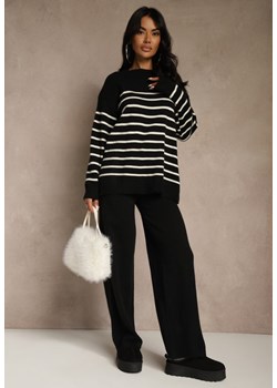 Czarny Komplet z Bawełną i Wełną Spodnie o Szerokim Kroju i Sweter w Paski Reimeia ze sklepu renee.pl w kategorii Komplety i garnitury damskie - zdjęcie 187681698