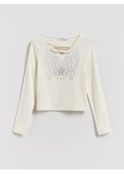 Reserved - Koszulka z metalicznym nadrukiem - złamana biel ze sklepu Reserved w kategorii Bluzki dziewczęce - zdjęcie 187684325