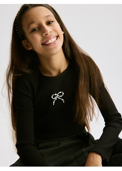 Reserved - Prążkowana koszulka z aplikacją - czarny ze sklepu Reserved w kategorii Bluzki dziewczęce - zdjęcie 187684336