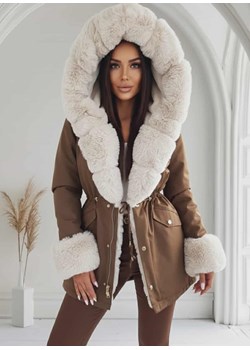 parka kurtka zimowa alaska z futrzanym kołnierzem i kapturem - brązowa z beżowym futrem ze sklepu STYLOWO w kategorii Kurtki damskie - zdjęcie 187684627