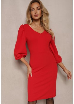 Czerwona Sukienka o Dopasowanym Kroju z Lekko Bufiastymi Rękawami Zinnashira ze sklepu renee.pl w kategorii Sukienki - zdjęcie 187684659