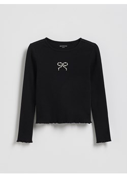 Reserved - Prążkowana koszulka z aplikacją - czarny ze sklepu Reserved w kategorii Bluzki dziewczęce - zdjęcie 187686219