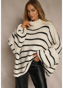 Beżowy Oversizowy Golf w Paski z Dodatkiem Wełny i Wiskozy Nezella ze sklepu renee.pl w kategorii Swetry damskie - zdjęcie 187686378