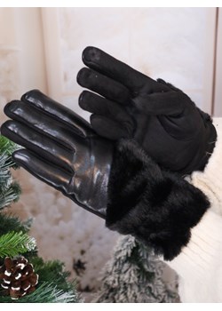 RĘKAWICZKI OCIEPLANE Z EKOSKÓRY I ZAMSZU Z FUTERKIEM- CZARNE ze sklepu olika.com.pl w kategorii Rękawiczki damskie - zdjęcie 187690095