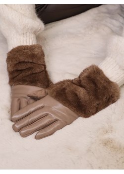 RĘKAWICZKI OCIEPLANE Z EKOSKÓRY I ZAMSZU Z FUTERKIEM- BRĄZOWE ze sklepu olika.com.pl w kategorii Rękawiczki damskie - zdjęcie 187690128