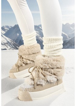 Ciemnobeżowe Wsuwane Śniegowce na Platformie z Futerkiem i Sznurowaniem Ettarie ze sklepu born2be.pl w kategorii Śniegowce damskie - zdjęcie 187696555