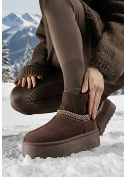 Brązowe Śniegowce VICES na Grubej Podeszwie z Haftem i Skarpetkową Cholewką Enantia ze sklepu born2be.pl w kategorii Śniegowce damskie - zdjęcie 187696596