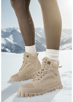 Ciemnobeżowe Botki Trapery Vices na Grubej Tłoczonej Podeszwie z Przeszyciami Amarrise ze sklepu born2be.pl w kategorii Botki - zdjęcie 187696607