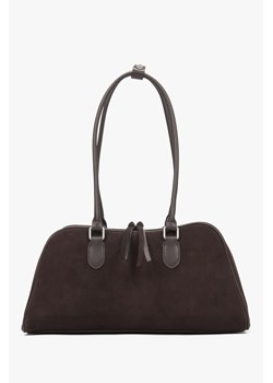 Estro: Ciemnobrązowa torebka damska z długimi ramionami z weluru naturalnego ze sklepu Estro w kategorii Torebki bagietki - zdjęcie 187745678