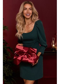 Sukienka mini z bufiastymi rękawami w kolorze butelkowej zieleni M836, Kolor butelkowa zieleń, Rozmiar L, MOE ze sklepu Intymna w kategorii Sukienki - zdjęcie 187762126