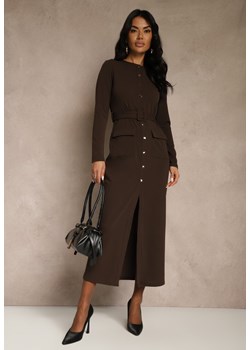 Brązowa Koszulowa Sukienka z Wiskozą Ozdobiona Paskiem i Guzikami Vetionna ze sklepu renee.pl w kategorii Sukienki - zdjęcie 187798789