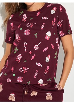 Sinsay - Świąteczna koszulka z nadrukiem słodkości i prezentów - bordowy ze sklepu Sinsay w kategorii Bluzki damskie - zdjęcie 187823478