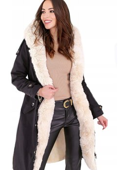 długa parka kurtka zimowa z futrzanym kołnierzem i kapturem - czarna z beżowym futrem ze sklepu STYLOWO w kategorii Parki damskie - zdjęcie 187824548