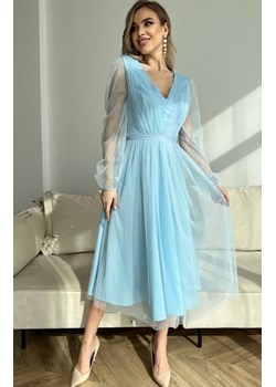 Bicotone 269-81 błękitna sukienka midi z tiulowymi rękawami ze sklepu intimiti.pl w kategorii Sukienki - zdjęcie 187860237