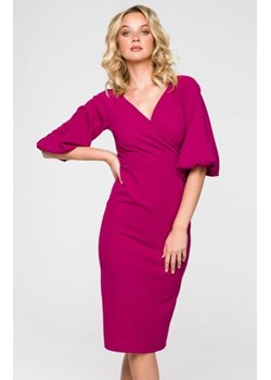 Kopertowa sukienka z bufiastymi rękawami śliwkowa K152 ze sklepu intimiti.pl w kategorii Sukienki - zdjęcie 187861656