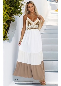 Numoco 612-1 długa beżowo-biała sukienka na ramiączkach z szydełkową górą ze sklepu intimiti.pl w kategorii Sukienki - zdjęcie 187872228